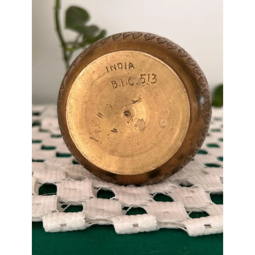 Vintage Etched Brass Floral Vase Made in India BIC 513 Boho Decor 7.5 Inch